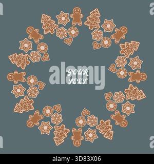 Festive wreath made of gingerbread cookies shaped like trees, snowflakes, hearts, and gingerbread men. Vector illustration on a dark teal background Stock Vector