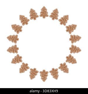 Circular arrangement of gingerbread cookies shaped like Christmas trees with white icing. Festive wreath vector design ideal for seasonal decor Stock Vector