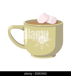A cup of hot chocolate with pink marshmallows and a snowflake pattern. A cozy illustration in a cute cartoon style, perfect for Christmas, packaging Stock Vector