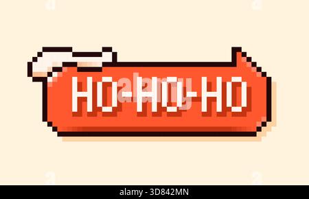 Pixel art Christmas speech bubble with text ho-ho-ho and snow pile. Stock Vector