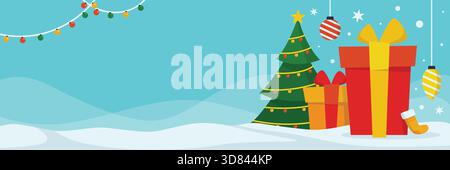Festive Christmas banner template illustration featuring seasonal elements like pine trees, gift boxes, and hanging lamps ideal for promotions. Stock Vector