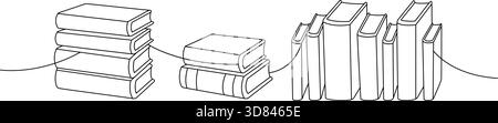 Minimalist line illustration of stacked books in horizontal row drawn in clean black outlines Stock Vector