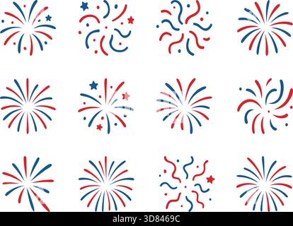 Set of firework icons in red and blue. Various celebratory explosions on a white background Stock Vector