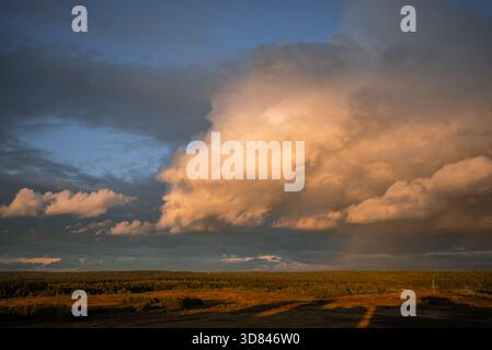 Panoramic view presenting sunlit clouds during a dramatic sunset above a vast forest and open field. Highlighting the contrast between glowing light and dark storm clouds moving across the sky Stock Photo