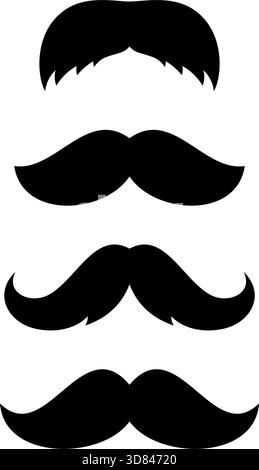 Set of four moustache silhouettes. Classic black vector mustaches in minimal flat style for barbershop logos, retro icons and graphic design projects. Stock Vector