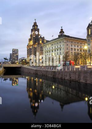 The Royal Liver Building and Cunard Building at dusk Pier Head Liverpool Merseyside England Stock Photo