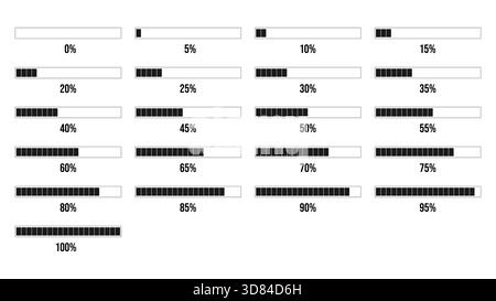 Collection of black and white loading bar diagrams showing progress from 0 to 100%. Essential for UI, UX and technology concepts Stock Vector