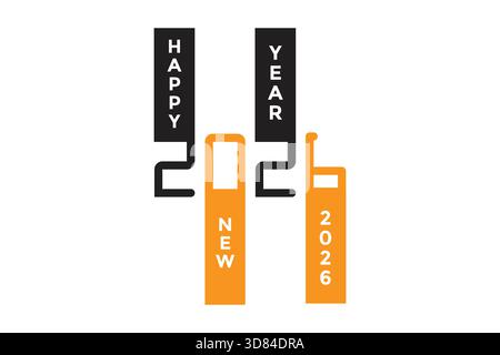 Happy New Year 2026 text displayed on blackish-grey and orange rectangular blocks, modern festive design with bold typography for New Year celebration. Stock Vector