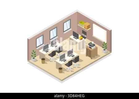 Isometric computer lab classroom illustrated in vector on a white background Stock Vector