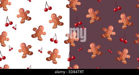 Gingerbread Man and Cherries Seamless Vector Pattern Stock Vector