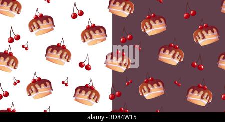 Chocolate cherry cake seamless pattern Stock Vector
