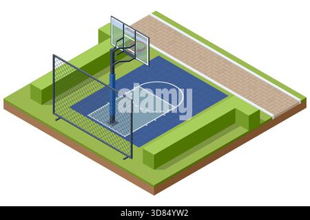Isometric illustration of an outdoor basketball court with a blue playing surface, metal fence, hoop, and sidewalk. Modern urban sports area for Stock Vector