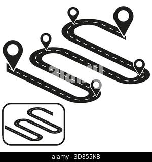 Winding road map. Location pin Vector set. Navigation route element. Travel journey graphic. EPS 10. Stock Vector