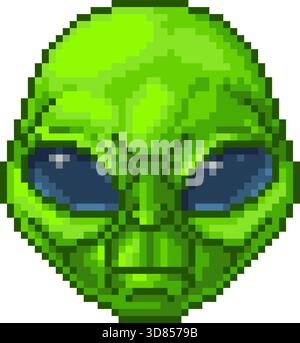 Pixel art of green alien monster standing on a planet surface. Cosmic ...