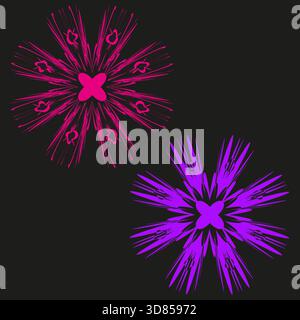 Abstract star bursts. Dynamic spike elements. Pink purple Vector set. Dark background graphic. Stock Vector