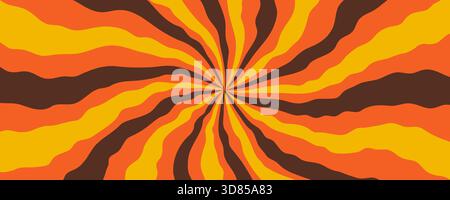 Radial ray background with brown, orange, and yellow wavy sunburst lines in retro style. Radial ray pattern with warm psychedelic motion. Vector Stock Vector