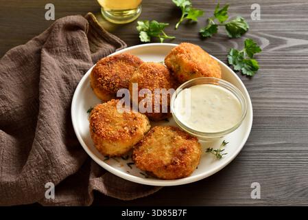 Fish cakes from mashed potato and minced fish served with dipping sauce on white plate on brown wooden table. Close up view Stock Photo