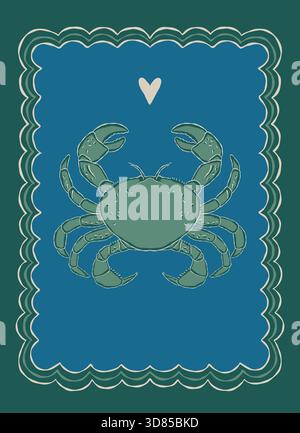 Hand drawn green crab illustration inside a blue wavy frame with a heart symbol Stock Vector