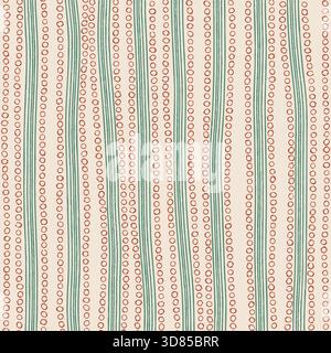 Organic hand drawn wavy lines and circles seamless pattern in green and orange Stock Vector