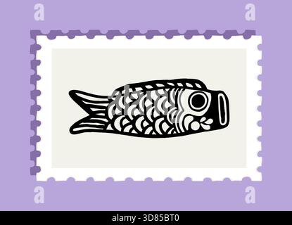 Single horizontal black carp fish illustration on postage stamp Stock Vector