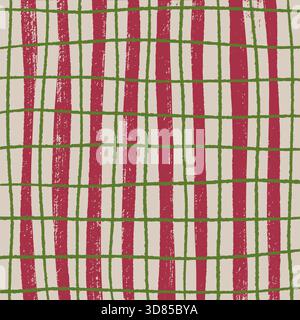 Grunge red vertical stripes and green grid seamless pattern Stock Vector