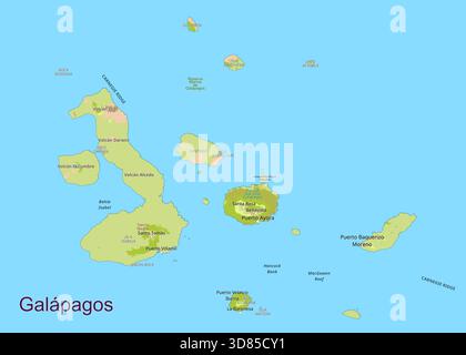 The image shows a detailed map of the Galapagos Islands. The islands are depicted in shades of green and beige, surrounded by a light blue ocean. Stock Vector