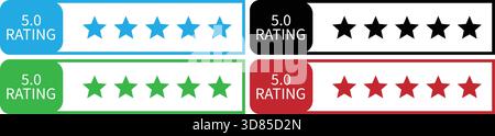 Five Star Rating Badges Displaying 5.0 Review Score and Customer Feedback Icons Stock Vector