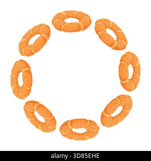 Wreath with Turkish simit in flat style. Traditional Turkey bagel with sesame. Oriental bakery, fresh pastry, baked goods for cafe breakfast card Stock Vector