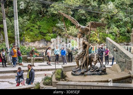 Aguas Calientes, Peru - March 18, 2025: Andean statue with a Inca warrior, a condor and a puma reflecting the values and symbols of the Incas. Stock Photo
