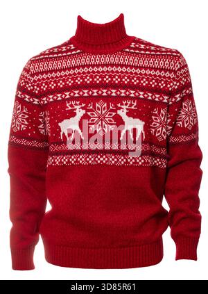 Red knitted Christmas sweater with reindeer and snowflake pattern (Ugly Sweater) template isolated on a white background Stock Photo