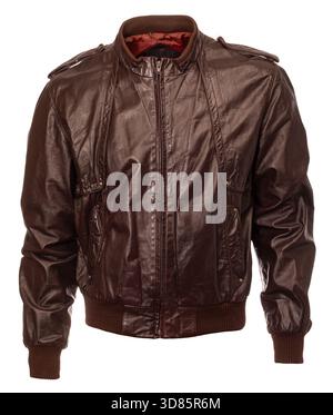 Brown leather bomber jacket with zipper closure and ribbed cuffs isolated on a white background Stock Photo