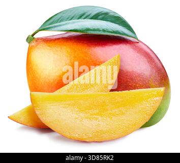 Mango fruit with mango half and leaves isolated. Ripe fresh mango clipping path. Perfect ripe mango fruit. Stock Photo