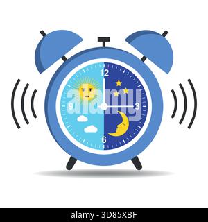 Illustration of alarm clock with sun, moon and stars on white background. Stock Vector