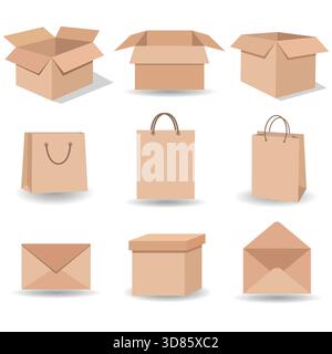 Illustration of a set of cardboard boxes and bags with shadow on a white background Stock Vector
