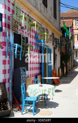 Café in a narrow street, Biograd, Croatia Stock Photo