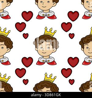 Charming vector pattern of a smiling prince in a royal cape surrounded by red hearts, perfect for romantic or fairy tale themes. Stock Vector