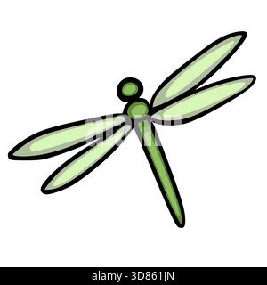 A stylized green dragonfly illustration with delicate wings, presented as a simple vector graphic on a clean white background. Stock Vector