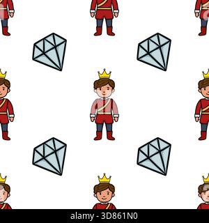 Seamless vector pattern featuring a cheerful cartoon prince with a crown and a sparkling diamond, set against a clean white background, perfect for fa Stock Vector