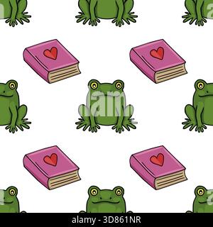 Charming seamless vector pattern featuring playful green frogs and pink books with red hearts on a white background. Stock Vector