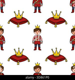 Charming vector pattern featuring a smiling prince in a red uniform and a golden crown, accompanied by royal red cushions with golden tassels, set aga Stock Vector