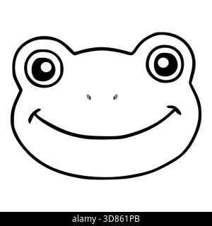 A charming cartoon vector illustration of a happy frog face with large, expressive eyes and a wide, smiling mouth, rendered in a simple black outline Stock Vector