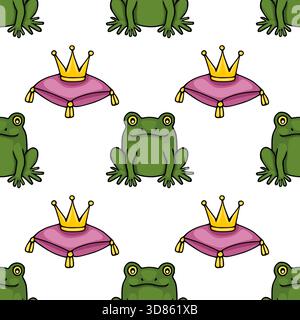 A whimsical vector pattern featuring charming green frogs and golden crowns resting on plush purple cushions. Stock Vector