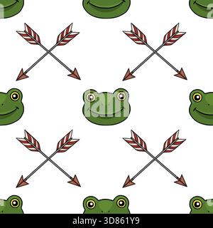 Charming vector seamless pattern featuring happy green frog faces and crossed rustic arrows on a clean white background. Stock Vector