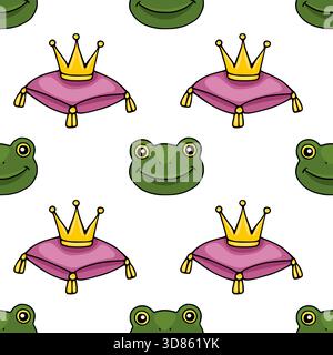 Whimsical vector pattern featuring playful frog faces and royal crowns on velvet cushions. Stock Vector