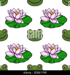 A seamless vector pattern featuring smiling frog faces and delicate pink water lilies on lush green lily pads, set against a clean white background. Stock Vector