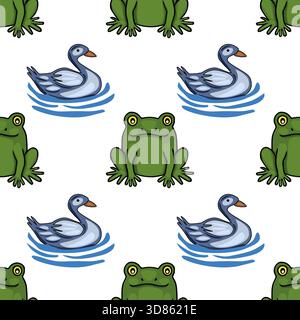 Seamless vector pattern featuring playful green frogs and elegant swans on blue water waves, rendered in a charming, illustrative style with bold outl Stock Vector
