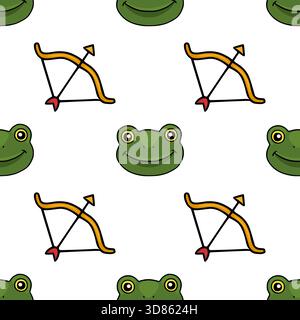 Seamless vector pattern featuring cheerful frog faces and archery bows with arrows, perfect for playful backgrounds. Stock Vector