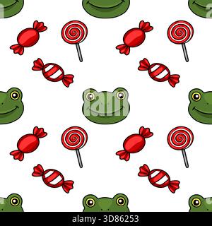 Seamless vector pattern featuring cute green frog faces and red and white striped candies on a white background. Stock Vector