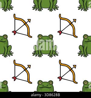 Seamless vector pattern featuring playful green frogs and golden bows with red arrows against a white background, perfect for whimsical designs. Stock Vector