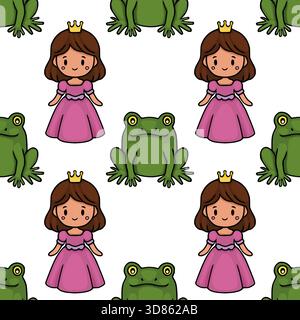 Seamless vector pattern featuring cute cartoon princesses in pink dresses and golden crowns alongside friendly green frogs on a white background. Stock Vector